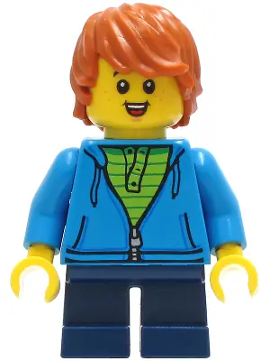 CTY1271:  Child - Boy, Dark Azure Hoodie, Dark Blue Short Legs, Dark Orange Tousled Hair, Freckles, Smile with Teeth and Tongue