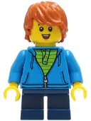 Minifigurka: CTY1271:  Child - Boy, Dark Azure Hoodie, Dark Blue Short Legs, Dark Orange Tousled Hair, Freckles, Smile with Teeth and Tongue