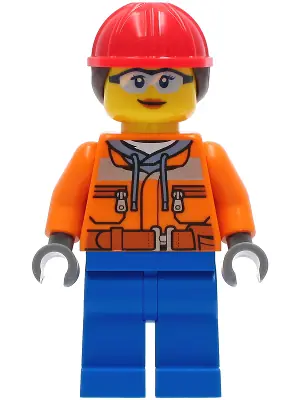 CTY1272:  Construction Worker - Female, Orange Safety Jacket, Reflective Stripe, Sand Blue Hoodie, Blue Legs, Red Construction Helmet with Dark Brown Ponytail Hair, Safety Glasses