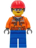 Minifigurka: CTY1272:  Construction Worker - Female, Orange Safety Jacket, Reflective Stripe, Sand Blue Hoodie, Blue Legs, Red Construction Helmet with Dark Brown Ponytail Hair, Safety Glasses