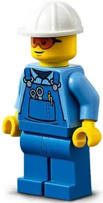 CTY1274:  Roadwork Truck Driver - Male, Blue Overalls over Medium Blue Shirt, Blue Legs, White Construction Helmet, Safety Glasses, Back Print