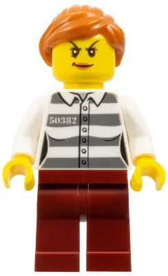 CTY1275:  Police - Jail Prisoner 50382 Prison Stripes, Female, Dark Red Legs, Scowl with Dark Orange Lips, Orange Ponytail