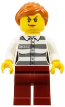 Minifigurka: CTY1275:  Police - Jail Prisoner 50382 Prison Stripes, Female, Dark Red Legs, Scowl with Dark Orange Lips, Orange Ponytail