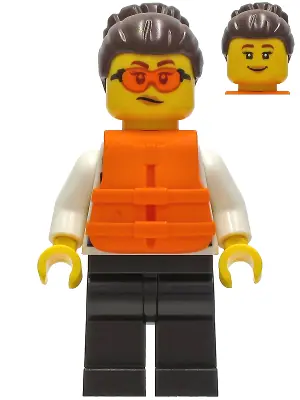 CTY1278:  Police - Officer Gracie Goodhart, Dark Blue Vest, Black Legs, Dark Brown Hair with Bun, Safety Glasses, Orange Life Jacket