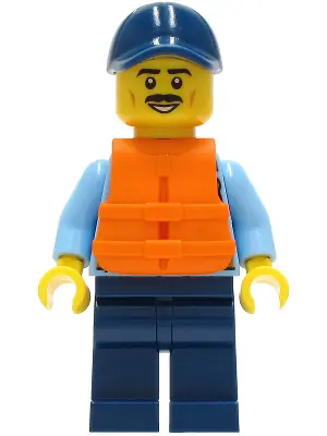CTY1279:  Police - City Officer Shirt with Dark Blue Tie and Gold Badge, Dark Tan Belt with Radio, Dark Blue Legs, Dark Blue Cap, Orange Life Jacket