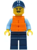 Minifigurka: CTY1279:  Police - City Officer Shirt with Dark Blue Tie and Gold Badge, Dark Tan Belt with Radio, Dark Blue Legs, Dark Blue Cap, Orange Life Jacket