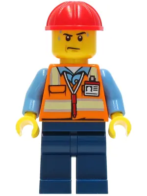CTY1281:  Construction Worker - Male, Orange Safety Vest with Reflective Stripes, Dark Blue Legs, Red Construction Helmet, Sweat Drops