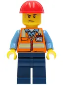 Minifigurka: CTY1281:  Construction Worker - Male, Orange Safety Vest with Reflective Stripes, Dark Blue Legs, Red Construction Helmet, Sweat Drops