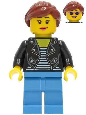 CTY1283:  Car Driver - Female, Black Leather Jacket, Medium Blue Legs, Reddish Brown Hair