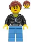 Minifigurka: CTY1283:  Car Driver - Female, Black Leather Jacket, Medium Blue Legs, Reddish Brown Hair