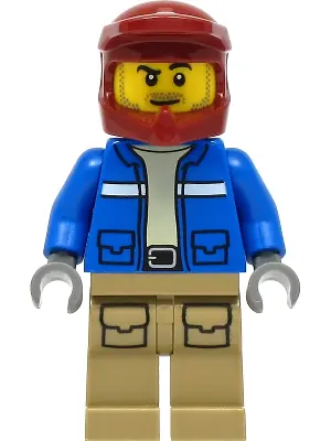 CTY1294:  Wildlife Rescue Explorer - Male, Blue Jacket, Dark Red Helmet, Dark Tan Legs with Pockets, Beard
