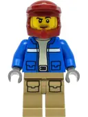 Minifigurka: CTY1294:  Wildlife Rescue Explorer - Male, Blue Jacket, Dark Red Helmet, Dark Tan Legs with Pockets, Beard