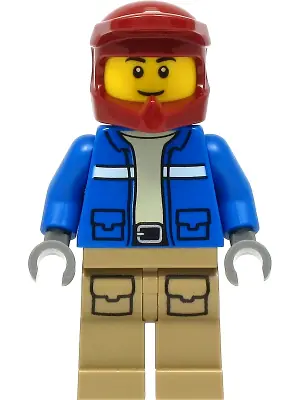 CTY1295:  Wildlife Rescue Explorer - Male, Blue Jacket, Dark Red Helmet, Dark Tan Legs with Pockets, Thin Grin
