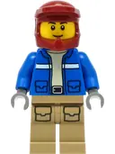 Minifigurka: CTY1295:  Wildlife Rescue Explorer - Male, Blue Jacket, Dark Red Helmet, Dark Tan Legs with Pockets, Thin Grin