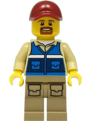 CTY1298:  Wildlife Rescue Worker - Male, Dark Red Cap, Blue Vest with 'RESCUE' Pattern on Back, Dark Tan Legs with Pockets, Beard