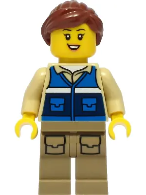CTY1300:  Wildlife Rescue Worker - Female, Blue Vest with 'RESCUE' Pattern on Back, Dark Tan Legs with Pockets, Reddish Brown Hair