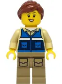 Minifigurka: CTY1300:  Wildlife Rescue Worker - Female, Blue Vest with 'RESCUE' Pattern on Back, Dark Tan Legs with Pockets, Reddish Brown Hair