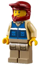 Minifigurka: CTY1301:  Wildlife Rescue Explorer - Male, Blue Vest with 'RESCUE' Pattern on Back, Dark Red Helmet, Dark Tan Legs with Pockets, Beard