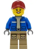 Minifigurka: CTY1305:  Wildlife Rescue Explorer - Female, Blue Jacket, Dark Tan Legs with Pockets, Dark Red Cap, Bright Light Yellow Hair