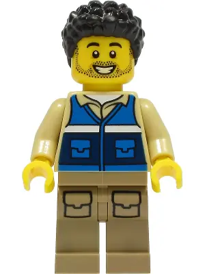 CTY1306:  Wildlife Rescue Worker - Male, Blue Vest with 'RESCUE' Pattern on Back, Dark Tan Legs with Pockets, Black Hair