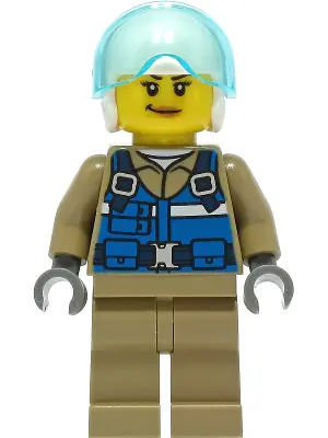 CTY1307:  Wildlife Rescue Pilot - Female, Blue Vest, White Helmet, Dark Tan Legs, Smirk