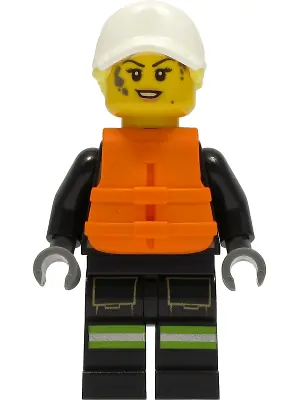 CTY1309:  Fire - Female, Black Jacket and Legs with Reflective Stripes and Red Collar, White Cap with Bright Light Yellow Ponytail Hair, Orange Life Jacket, Dark Bluish Gray Splotches