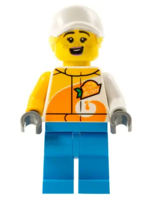 CTY1314:  Stuntz Crew - Female, Bright Light Orange and White 'ViTA RUSH' Jacket, Dark Azure Legs, White Cap with Bright Light Yellow Ponytail Hair, Freckles