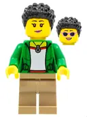 Minifigurka: CTY1321:  Stuntz Spectator - Female, Green Jacket, Dark Tan Legs, Black Coiled Hair