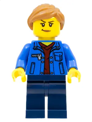 CTY1322:  Stuntz Spectator - Female, Blue Jacket over Dark Red V-Neck Sweater, Dark Blue Legs, Medium Nougat Ponytail