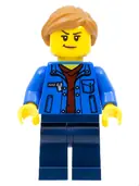 Minifigurka: CTY1322:  Stuntz Spectator - Female, Blue Jacket over Dark Red V-Neck Sweater, Dark Blue Legs, Medium Nougat Ponytail