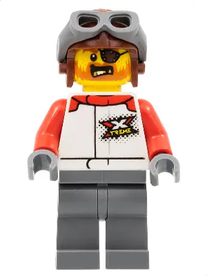 CTY1324:  Stuntz Truck Driver - Male, White and Red Racing Suit with 'XTREME' Logo, Dark Bluish Gray Legs, Reddish Brown Aviator Cap, Dark Bluish Gray Goggles, Eye Patch, Beard