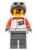 Minifigurka: CTY1324:  Stuntz Truck Driver - Male, White and Red Racing Suit with 'XTREME' Logo, Dark Bluish Gray Legs, Reddish Brown Aviator Cap, Dark Bluish Gray Goggles, Eye Patch, Beard