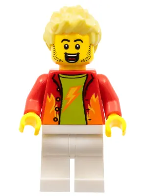 CTY1325:  Dynamo Doug - Stuntz Announcer, Red Jacket over Lime Shirt, White Legs, Bright Light Yellow Spiked Hair