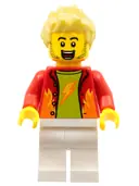 Minifigurka: CTY1325:  Dynamo Doug - Stuntz Announcer, Red Jacket over Lime Shirt, White Legs, Bright Light Yellow Spiked Hair