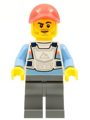 CTY1326:  Alex - Stuntz Driver, White Racing Chest Protector with Medium Blue Arms, Dark Bluish Gray Legs, Coral Cap, Stubble