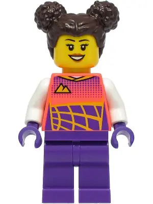 CTY1331:  Stuntz Driver - Female, Coral Racing Shirt with White Arms, Dark Purple Legs, Dark Brown Hair with Buns