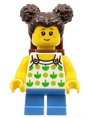 CTY1333:  Child - Girl, White Halter Top with Green Apples and Lime Spots, Medium Blue Short Legs, Dark Brown Hair with Buns, Freckles, Reddish Brown Backpack