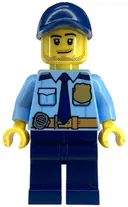 Minifigurka: CTY1334:  Police - City Shirt with Dark Blue Tie and Gold Badge, Dark Tan Belt with Radio, Dark Blue Legs, Dark Blue Cap with Hole, Stubble Beard