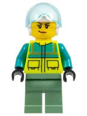 CTY1335:  Rescue Helicopter Pilot - Female, Dark Turquoise and Neon Yellow Safety Vest, Sand Green Legs, White Helmet, Trans-Light Blue Visor