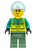 Minifigurka: CTY1335:  Rescue Helicopter Pilot - Female, Dark Turquoise and Neon Yellow Safety Vest, Sand Green Legs, White Helmet, Trans-Light Blue Visor