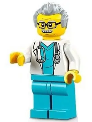 CTY1341:  Doctor - Male, White Lab Coat with Stethoscope, Medium Azure Scrubs, Light Bluish Gray Hair, Glasses