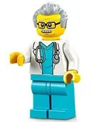 Minifigurka: CTY1341:  Doctor - Male, White Lab Coat with Stethoscope, Medium Azure Scrubs, Light Bluish Gray Hair, Glasses