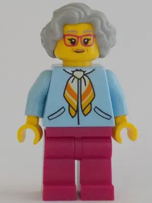 CTY1342:  Woman, Bright Light Blue Jacket, Magenta Legs, Light Bluish Gray Hair, Magenta Glasses