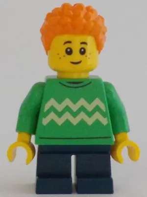 CTY1343:  Child - Boy, Bright Green Sweater with Bright Light Yellow Zigzag Lines, Dark Blue Short Legs, Orange Short Coiled Hair, Freckles