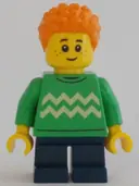 Minifigurka: CTY1343:  Child - Boy, Bright Green Sweater with Bright Light Yellow Zigzag Lines, Dark Blue Short Legs, Orange Short Coiled Hair, Freckles