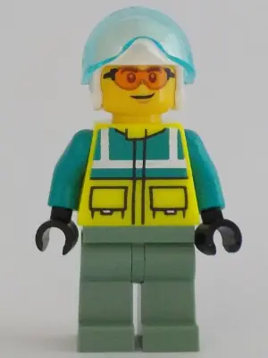 CTY1344:  Rescue Helicopter Pilot - Male, Dark Turquoise and Neon Yellow Safety Vest, Sand Green Legs, White Helmet, Trans-Light Blue Visor, Safety Glasses