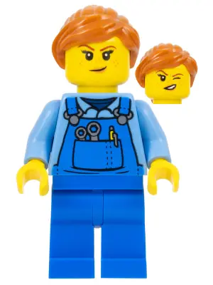 CTY1348:  Janitor - Female, Blue Overalls over Medium Blue Shirt, Blue Legs, Dark Orange Hair, Back Print