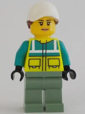 CTY1349:  Ambulance Driver - Female, Dark Turquoise and Neon Yellow Safety Vest, Sand Green Legs, White Cap with Reddish Brown Ponytail Hair