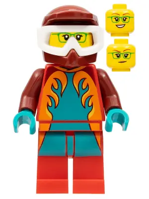 CTY1351:  Freya McCloud - Stuntz Driver, Dark Red Jumpsuit with Dark Turquoise and Orange Flames, Red Legs, Dark Red Dirt Bike Helmet, White Goggles