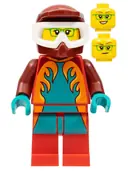 Minifigurka: CTY1351:  Freya McCloud - Stuntz Driver, Dark Red Jumpsuit with Dark Turquoise and Orange Flames, Red Legs, Dark Red Dirt Bike Helmet, White Goggles